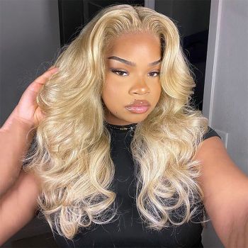 613 Blonde Body Wave Lace Frontal Wig with Curtain Bangs Layered Cut Human Hair Wigs Pre Styled 13x6 HD Transparent Lace Wig