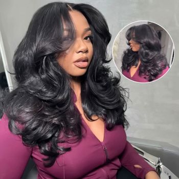Curtain Bangs Body Wave Wig Human Hair Layered Cut 5x5 Lace Closure Wigs Pre Styled Pre Plucked