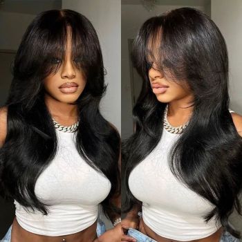 7×4 Glueless Layered Body Wave Wig Pre-Plucked with Butterfly Curtain Bangs