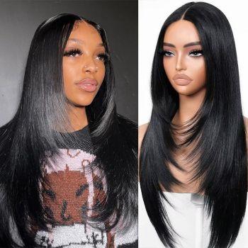 Straight Wig with Curtain Bangs Pre Styled Pre Plucked Blow Out Human Hair Wig Layered Cut13x4 13x6 Lace Frontal Wig