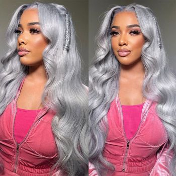 Silver Grey Body Wave 13x4 Lace Frontal Wig Pre Bleached Barbie Hair Style Human Hair Wigs